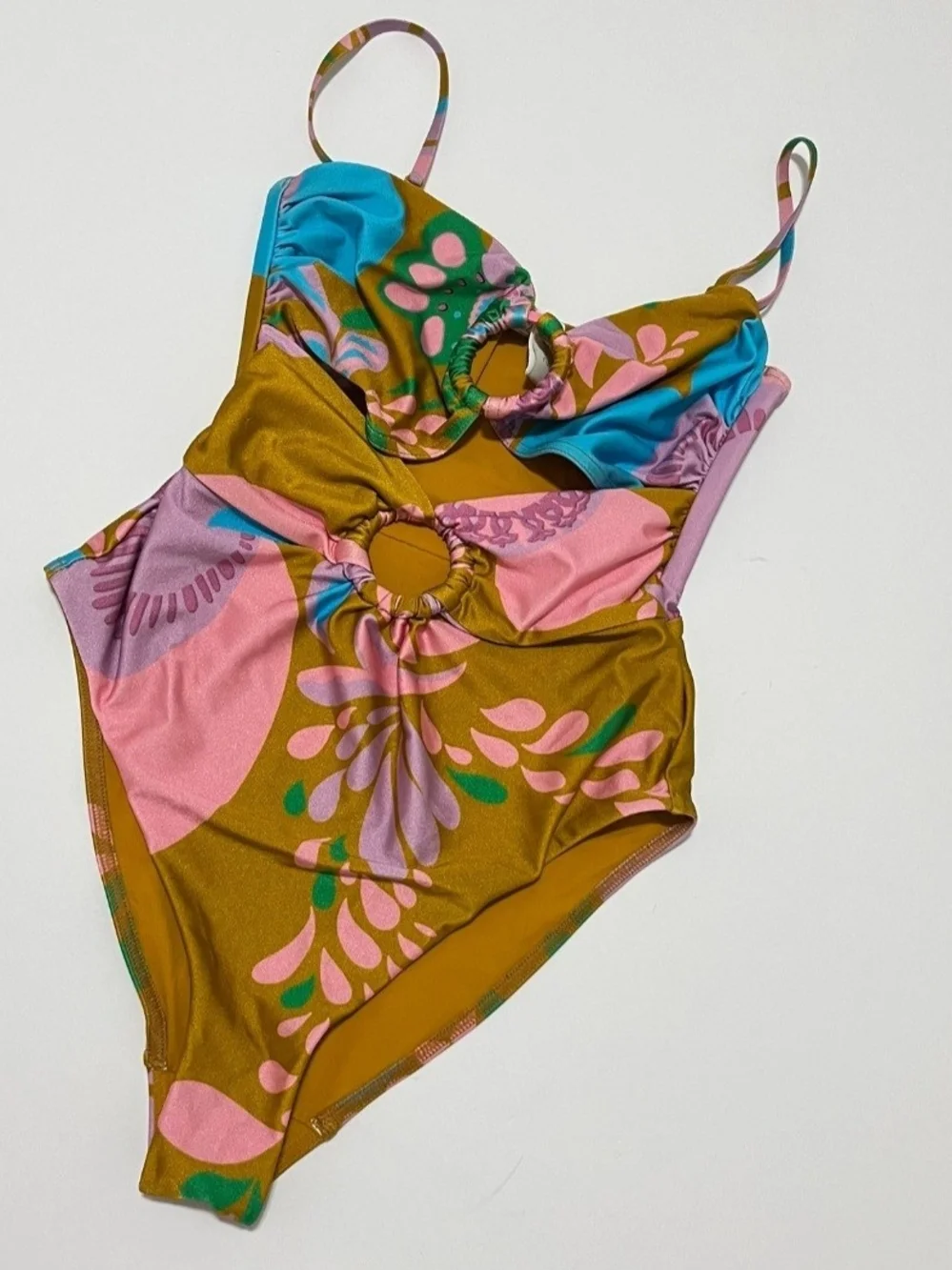 Zimmermann Teddy Double Mustard Floral Cutout One-Piece with Pink & Blue Accents